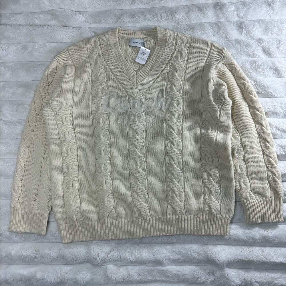 Coach Cream V-Neck Cable Knit Sweater